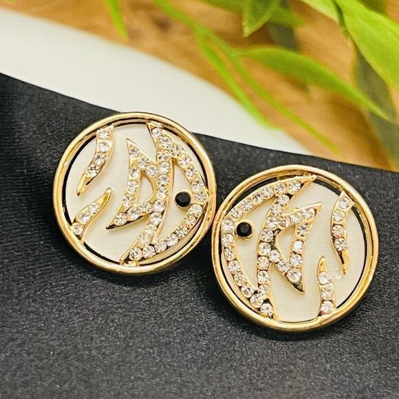 Vintage Fish Gold Clear Black Rhinestone Unique Fancy Earrings MOP NWOT Y2k 1188 - Picture 4 of 7